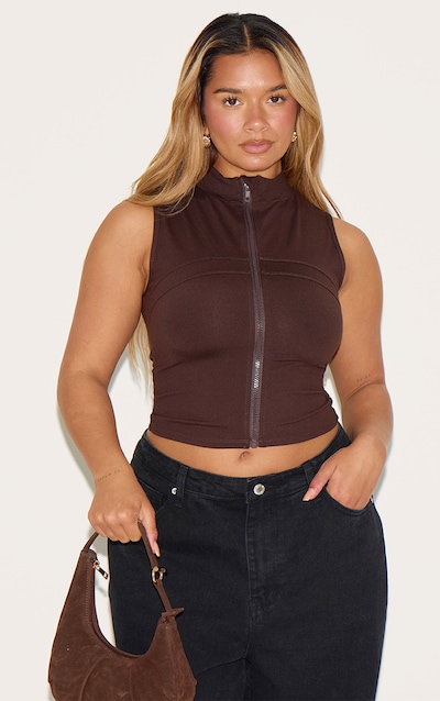 Shape Chocolate Sculpt Active High Neck Zip Front Top