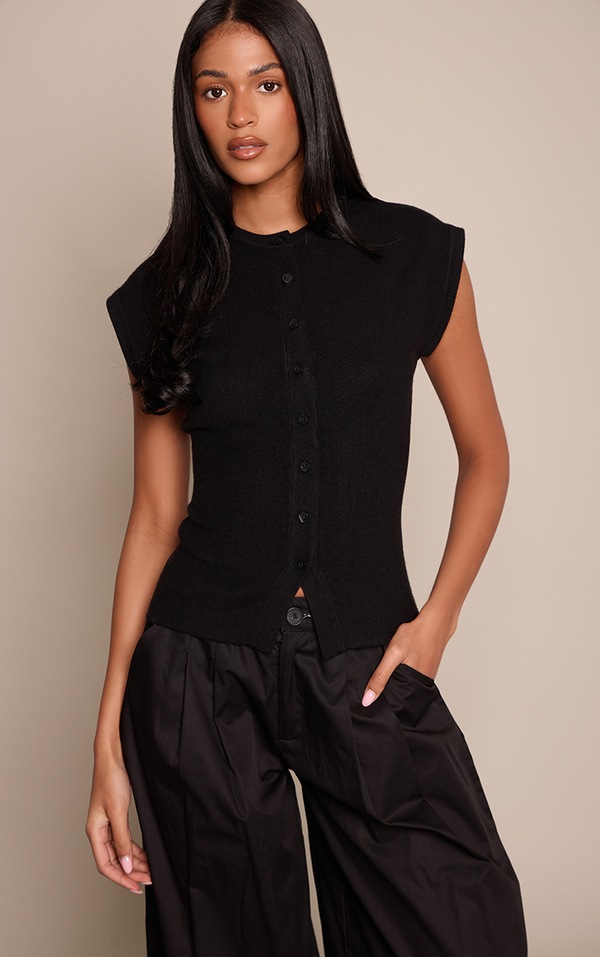 Tall Black Short Sleeved Button Down Knitted Top