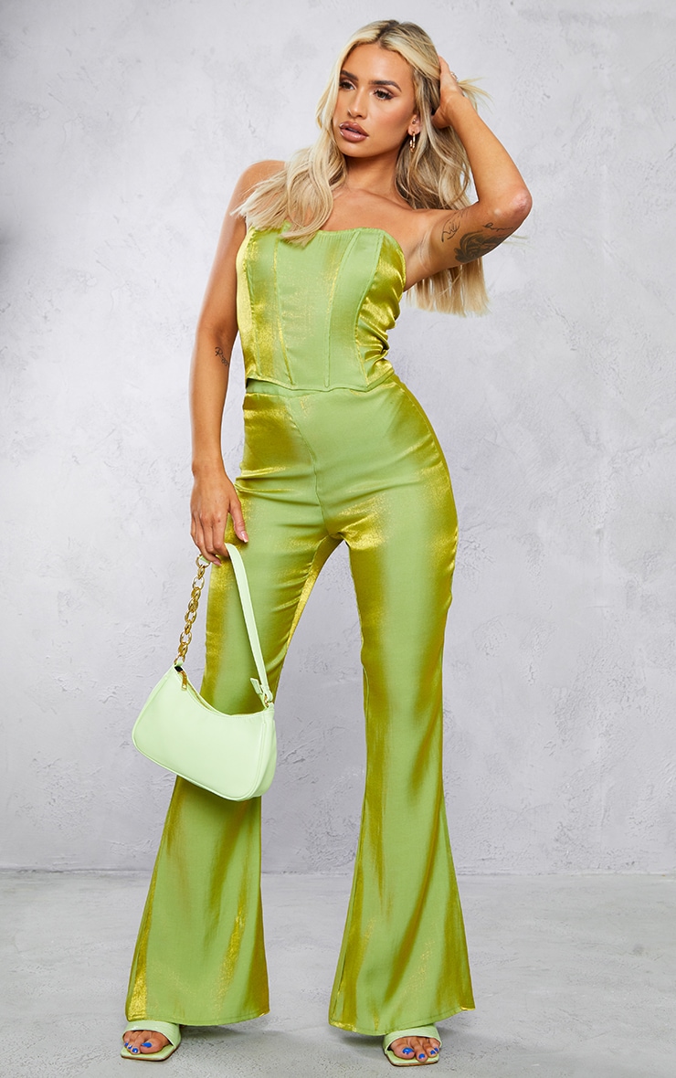 Lime High Shine Satin Tailored Flared Trousers PrettyLittleThing