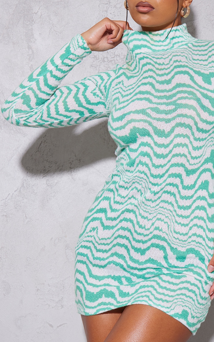 Bright Green Abstract Print Brushed Roll Neck Shift Dress image 4