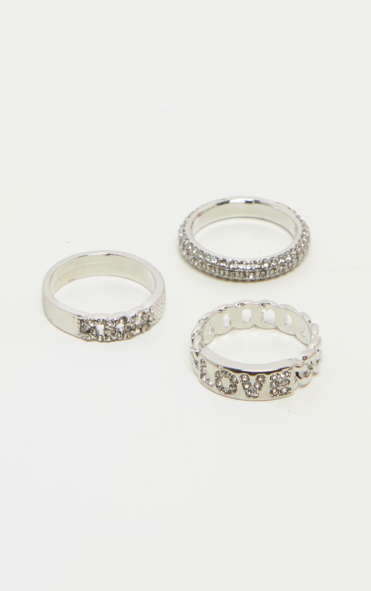 Silver Love Slogan Chain Diamante Three Set Stacking Rings