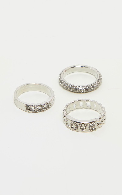 Silver Love Slogan Chain Diamante Three Set Stacking Rings
