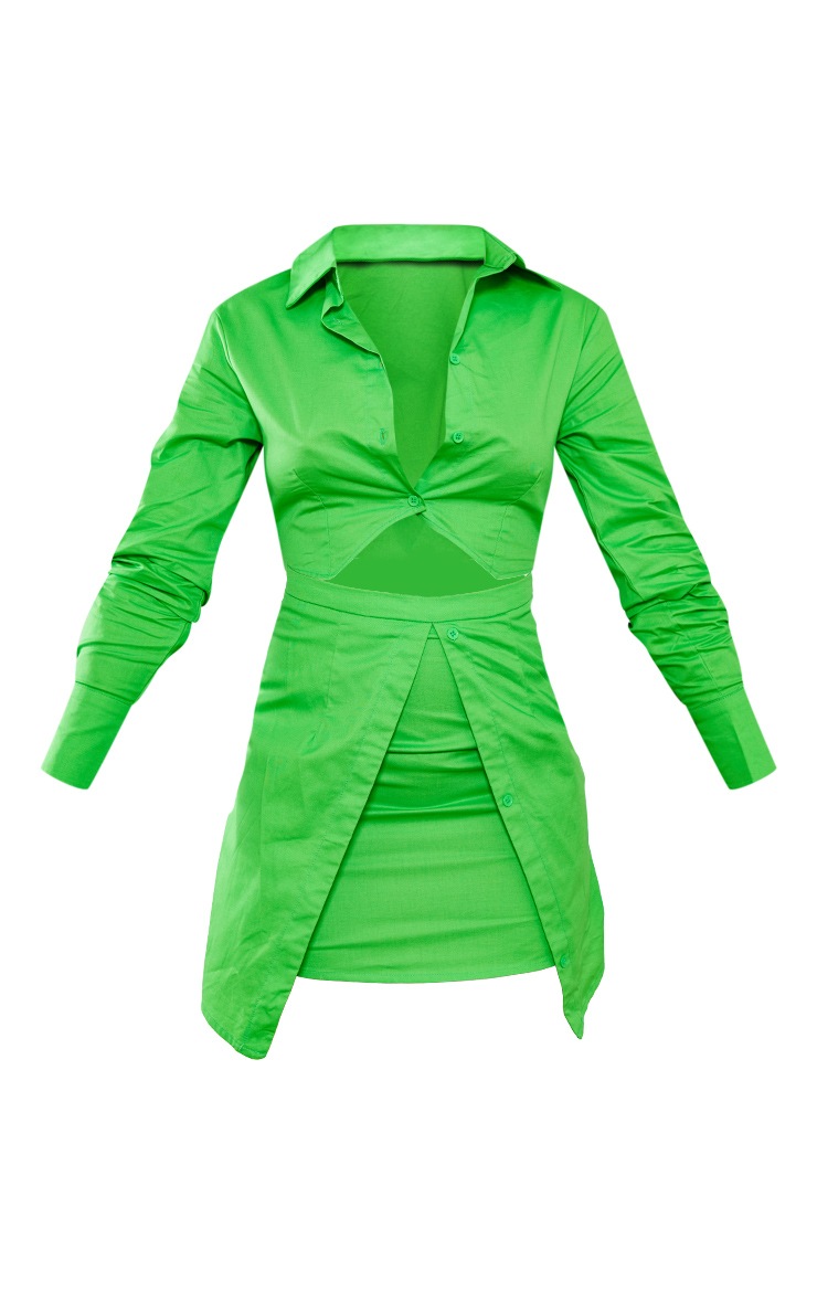 Bright Green Woven Cut Out Overlay Detail Shirt Dress image 5