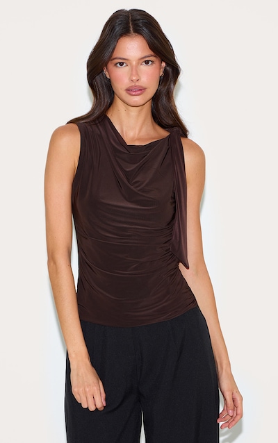 Chocolate Double Layer Slinky Shoulder Tie Detail Top