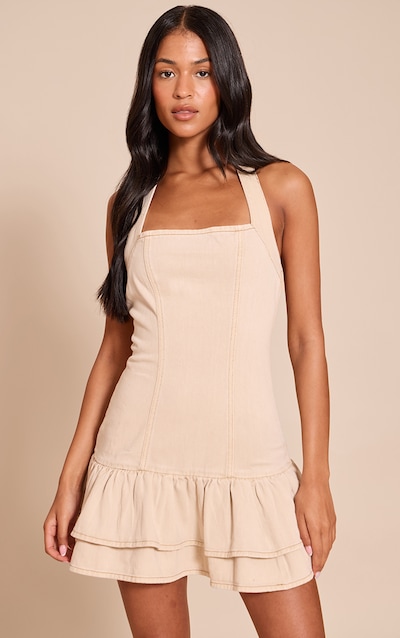 Tall Stone Halter Neck Frill Denim Mini Dress
