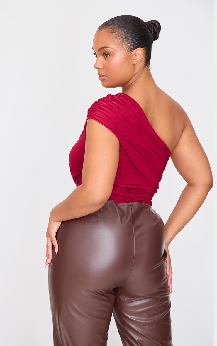 Plus Burgundy Slinky Overlay One Shoulder Top image 2