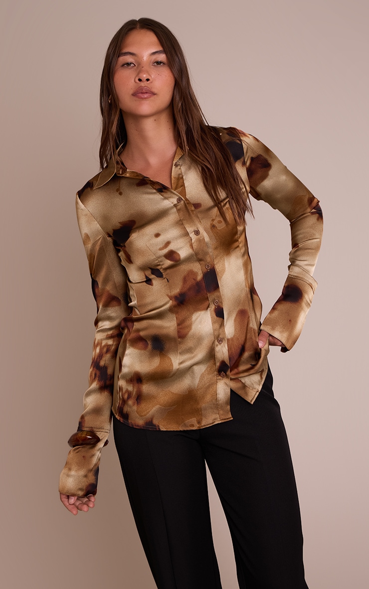Brown Floral Abstract Print Satin Fitted Shirt image 1