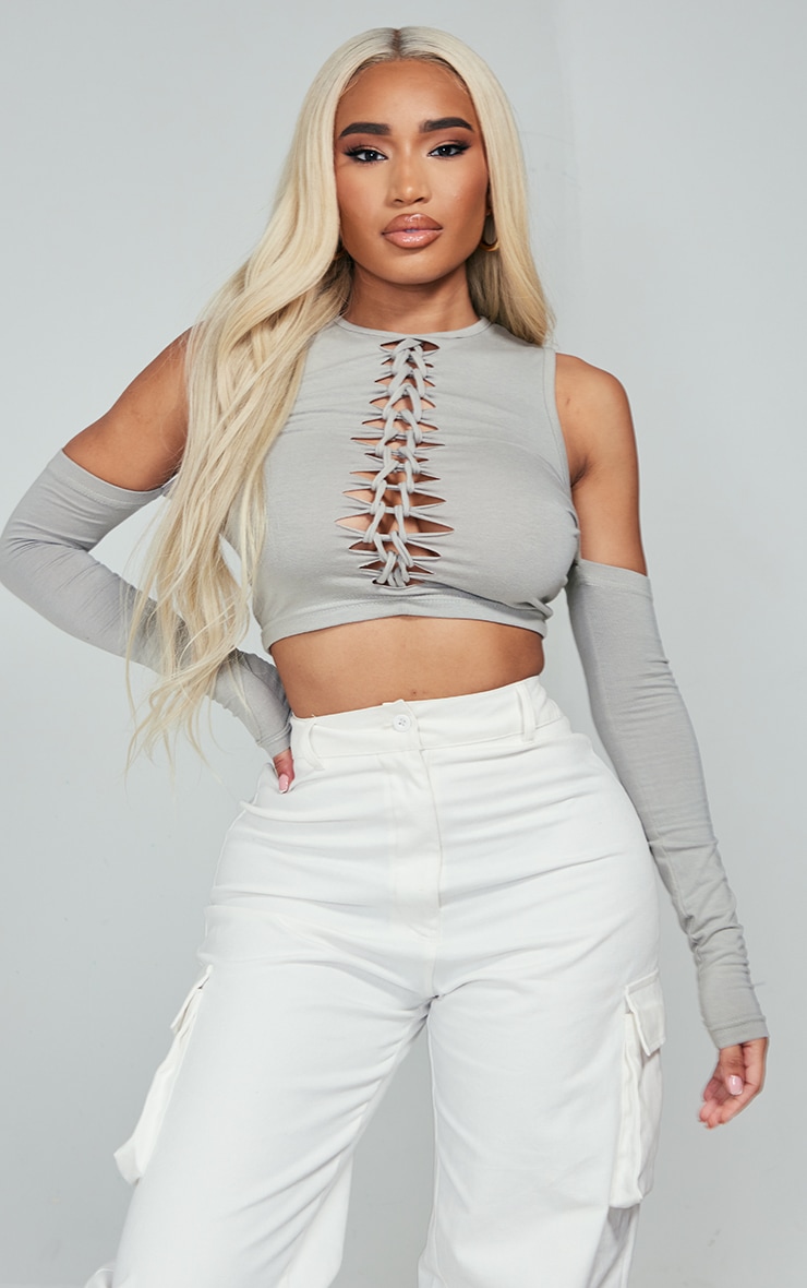 Shape Moss Grey Laser Cut Bardot Long Sleeve Crop Top
