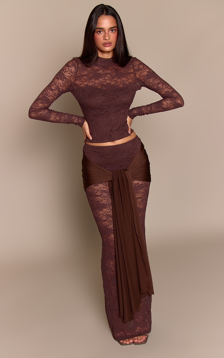 Dark Brown Lace Slinky Drape Maxi Skirt
