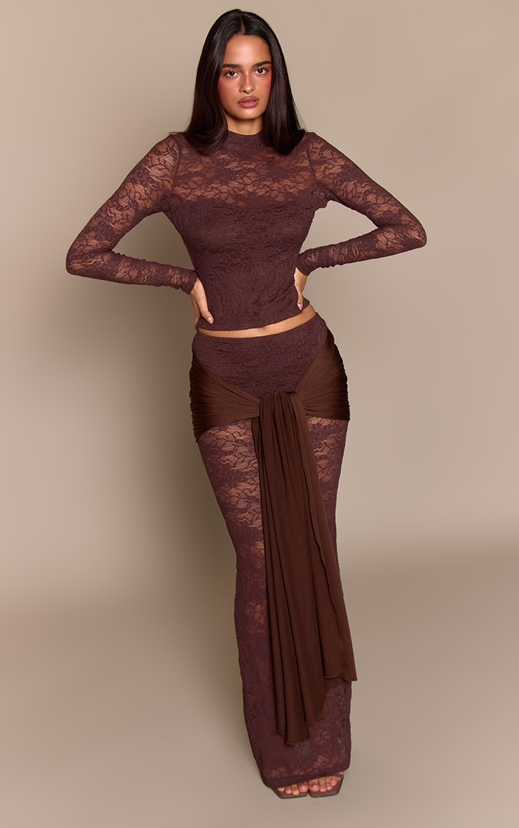 Dark Brown Lace Slinky Drape Maxi Skirt image 1