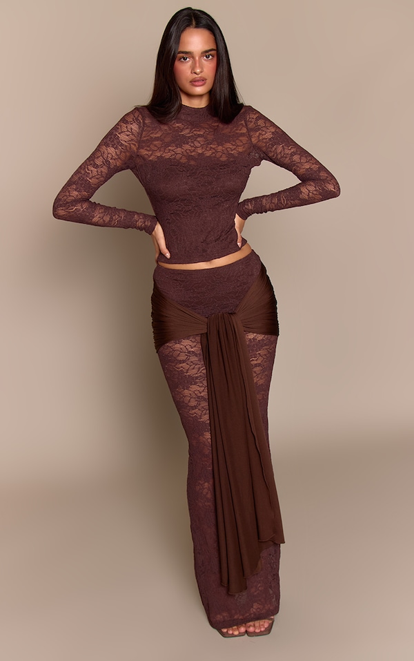 Dark Brown Lace Slinky Drape Maxi Skirt