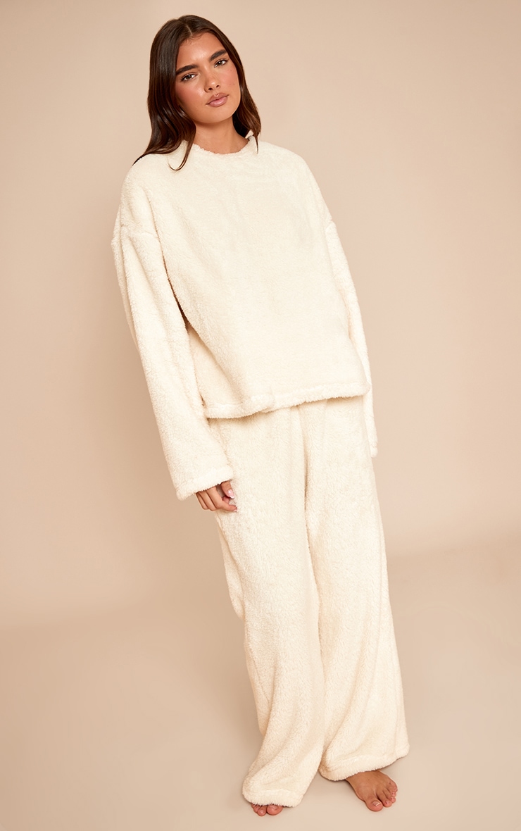Cream Fleece Sweatshirt Pajama Set image 3