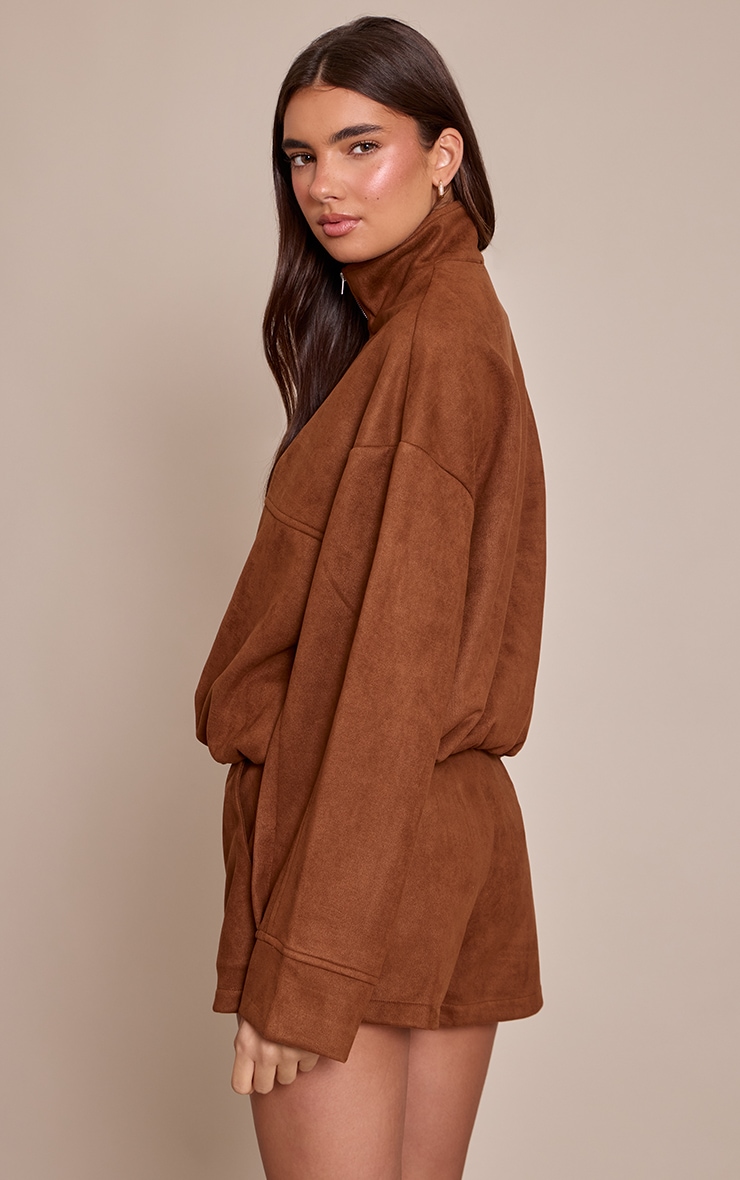Tan Faux Suede Funnel Neck Zip Up Jacket image 2