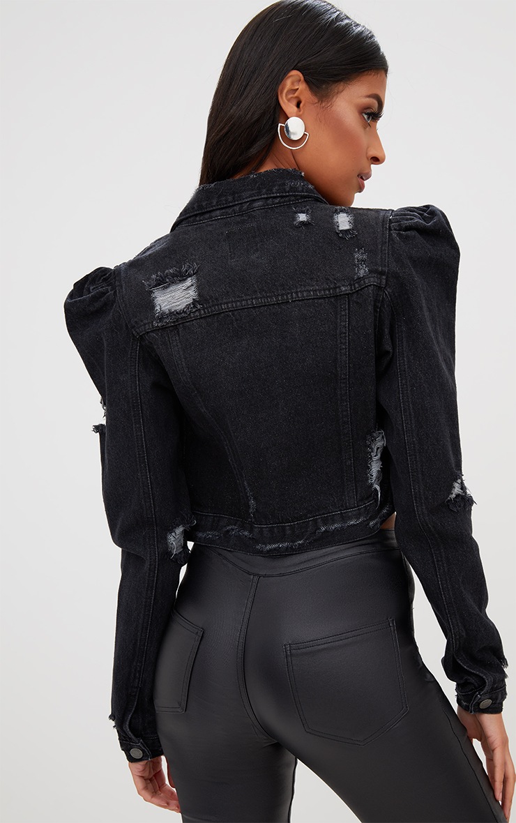 Black Extreme Shoulder Cropped Denim Jacket Coats & Jacket
