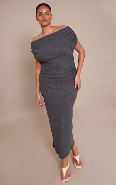 Plus Charcoal Brushed Rib Asymmetric Ruched Detail Maxi Dress