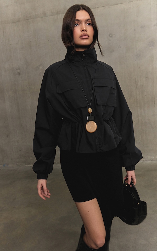 Black Cinch Waist Pocket Detail Rain Coat