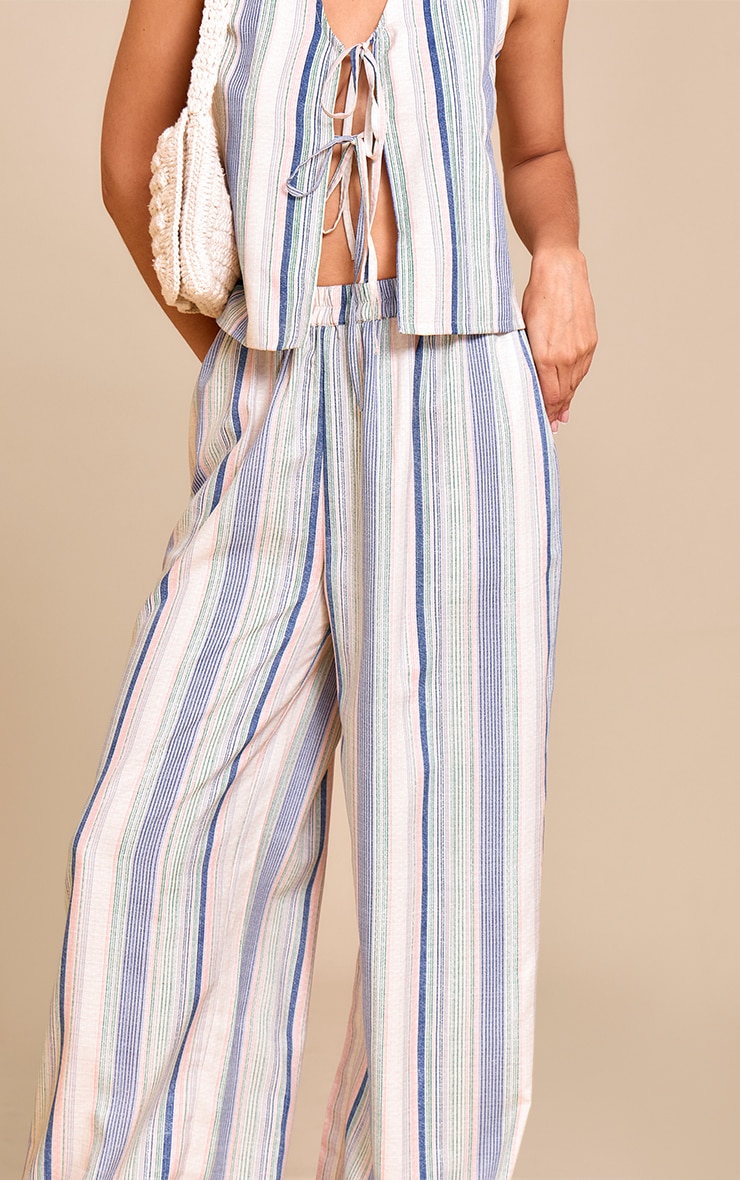 Pale Blue Linen Look Pinstripe Wide Leg Pants image 4