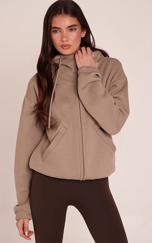 Mocha Funnel Neck Zip Up Hoodie