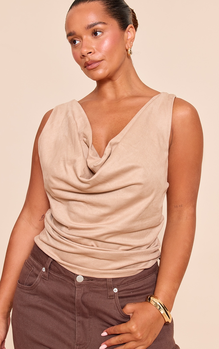 Shape Stone Faux Suede Cowl Neck Gold Trim Top image 2