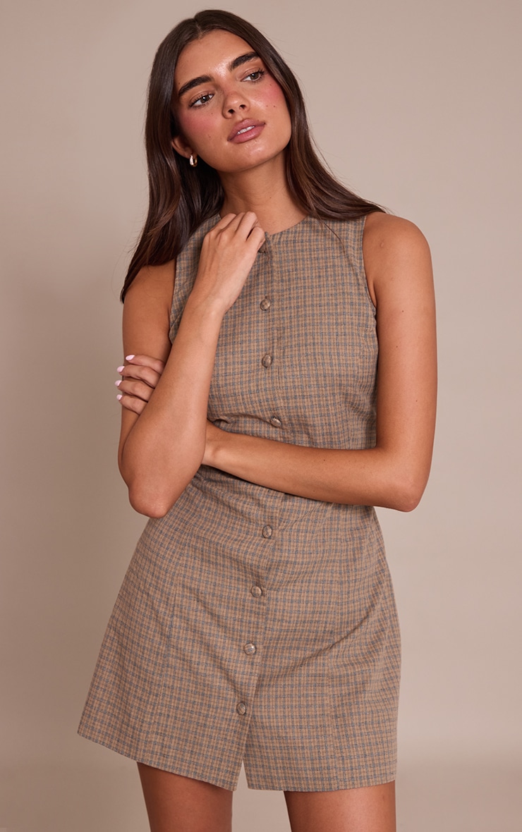 Sage Check Boat Neck Button Down Bodycon Dress