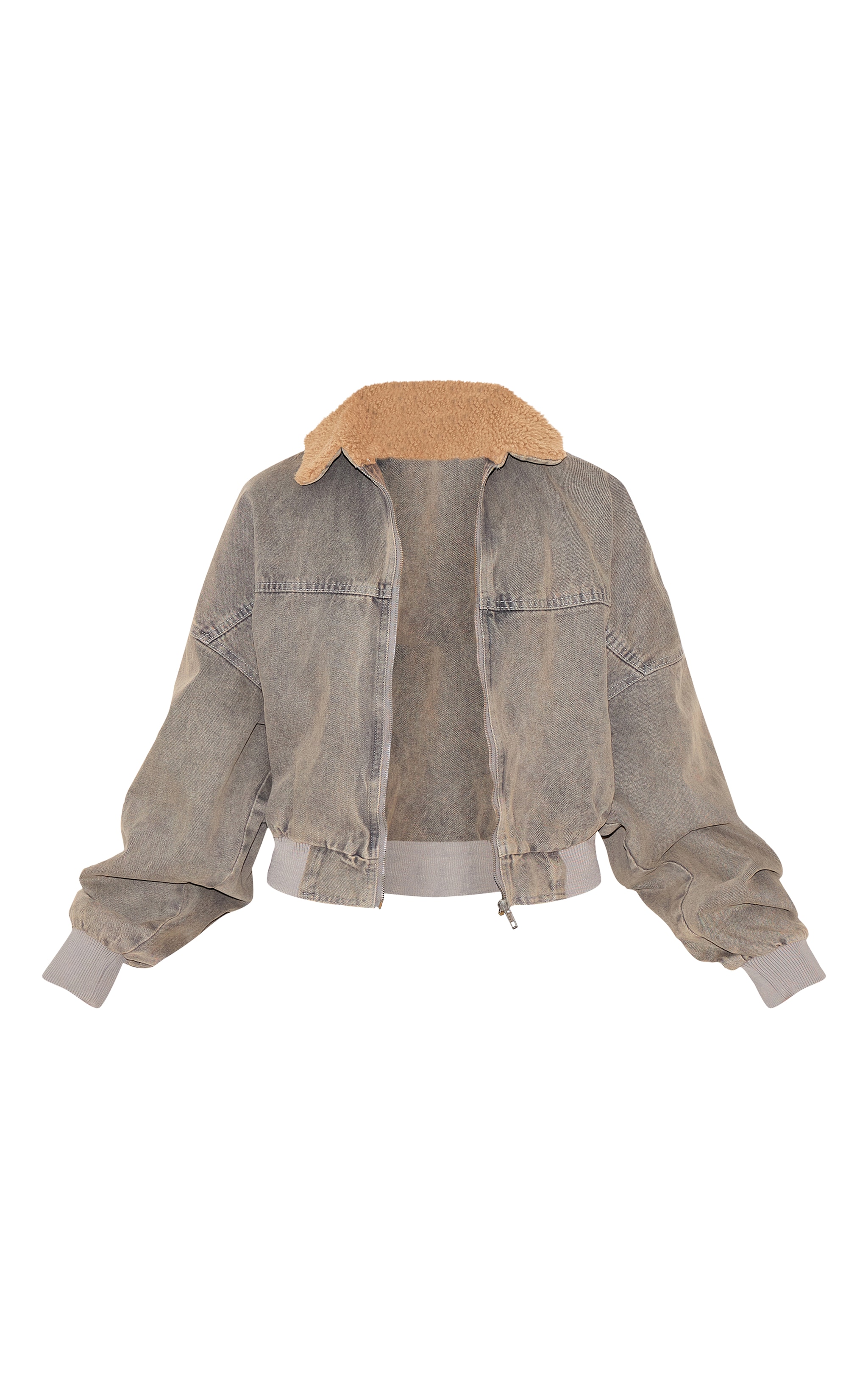 Light Grey Borg Collar Denim Bomber Jacket image 5