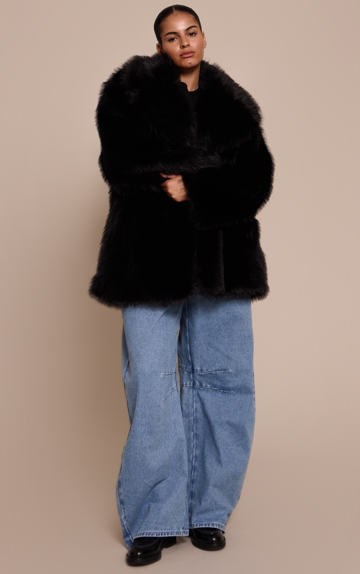 Plus Black Oversized Midi Faux Fur Coat image 3