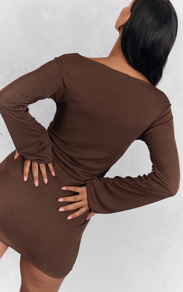 Chocolate Onion Skin Boat Neck Flute Sleeve Mini Bodycon Dress image 2