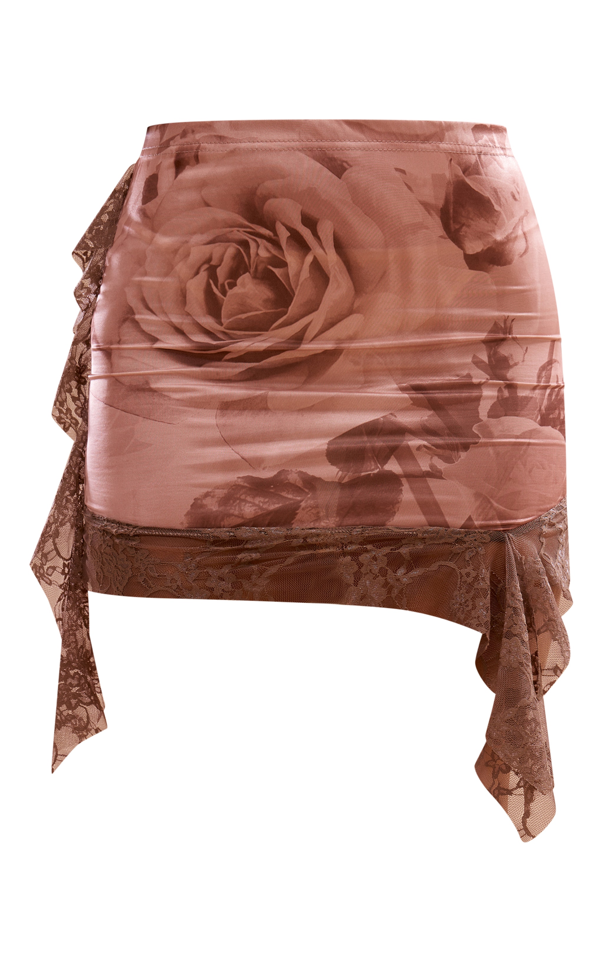 Nude Rose Print Slinky Lace Trim Mini Skirt image 1