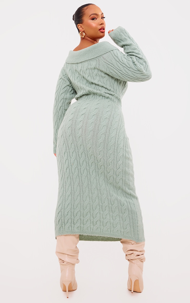 Plus Robe longue en maille tricot torsadée vert sauge repliée image 2