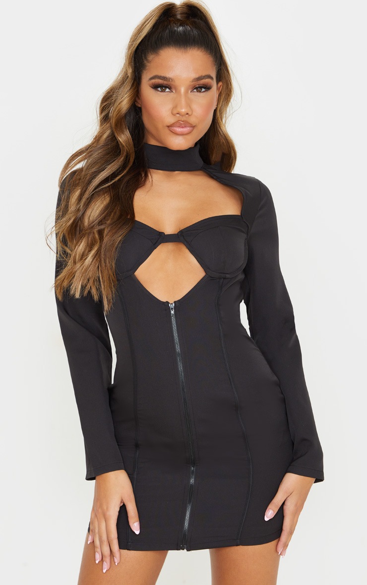 Black High Neck Cut Out Zip Front Dress