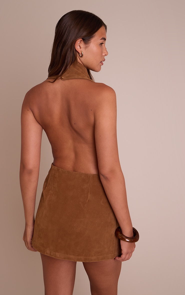 Camel Suede Halterneck Mini Shift Dress image 2