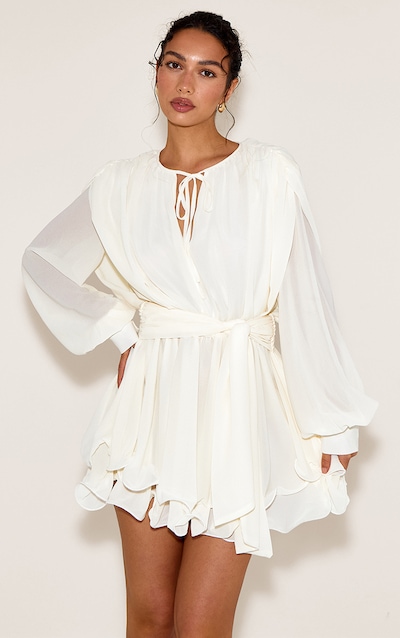 Cream Floaty Tie Detail Long Sleeve Shift Dress