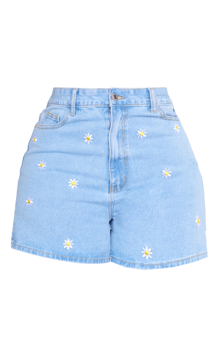 Plus Light Blue Wash Embroidered Denim Shorts image 6