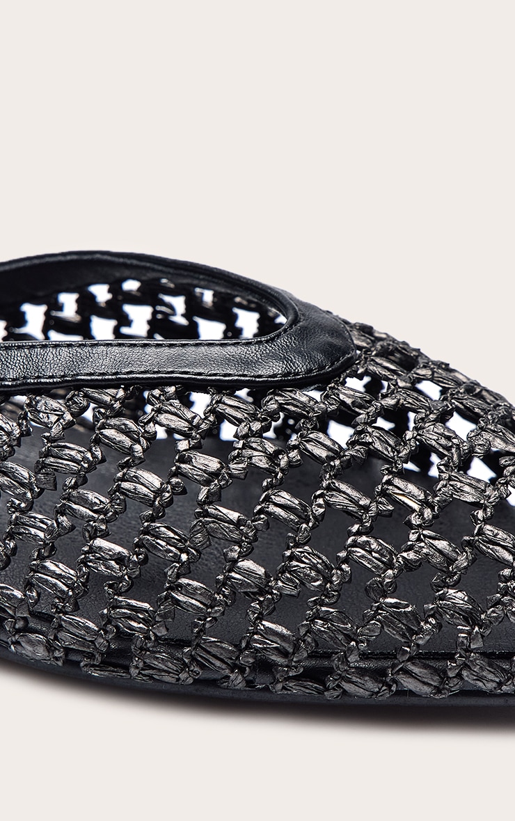 Black Pu Point Toe Woven Sling Back Flats image 5