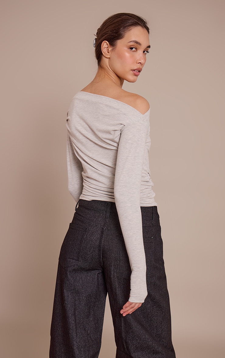 Grey Marl Soft Cotton Boat Neck Flared Long Sleeve Top image 2