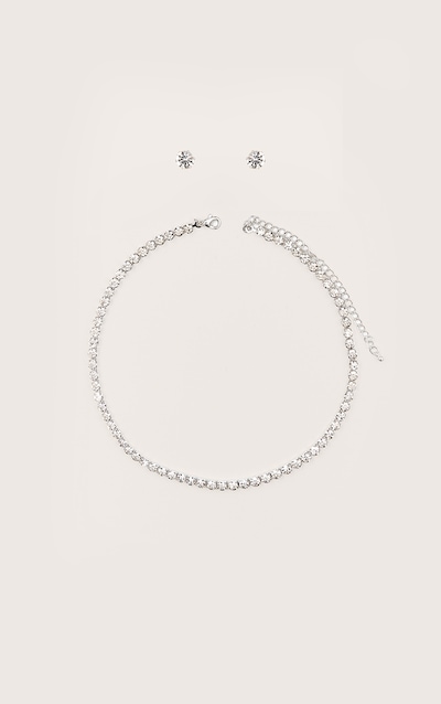 Silver Dainty Stud And Necklace Set