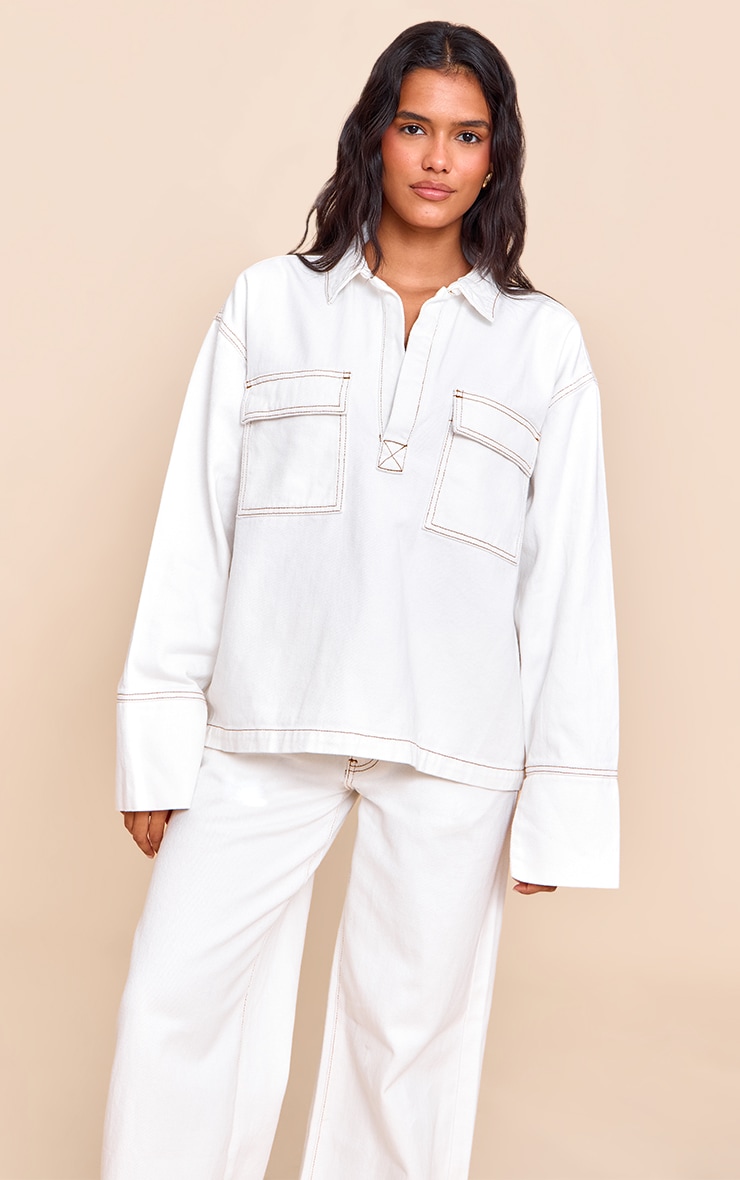 White Pocket Detail Oversized Denim Shirt image 1