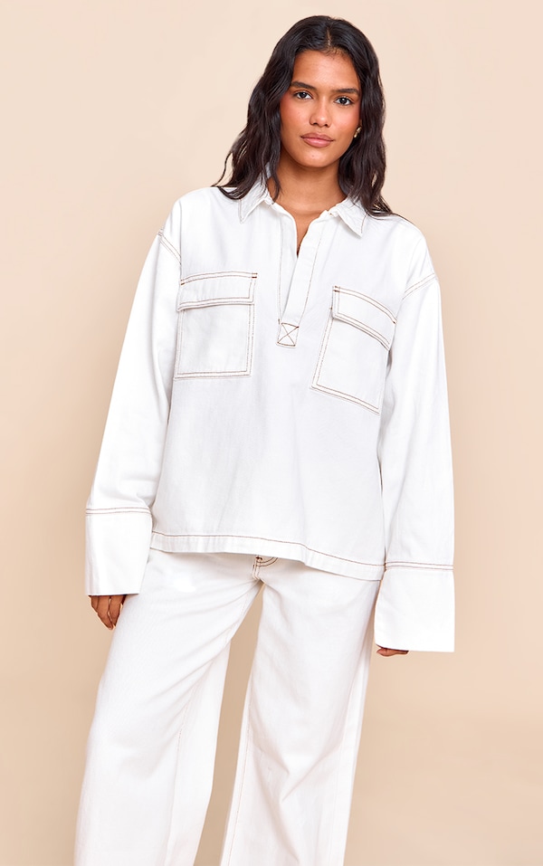 White Pocket Detail Oversized Denim Shirt