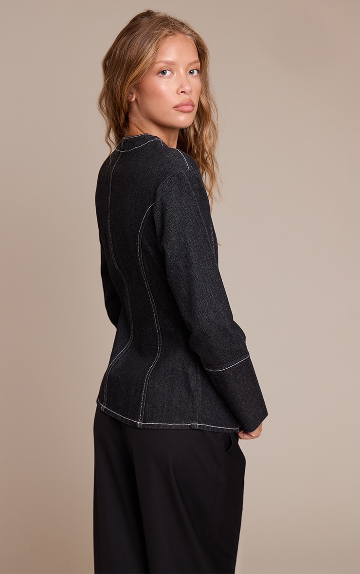 Raw Indigo Round Neck Button Up Cinched Denim Shirt image 2