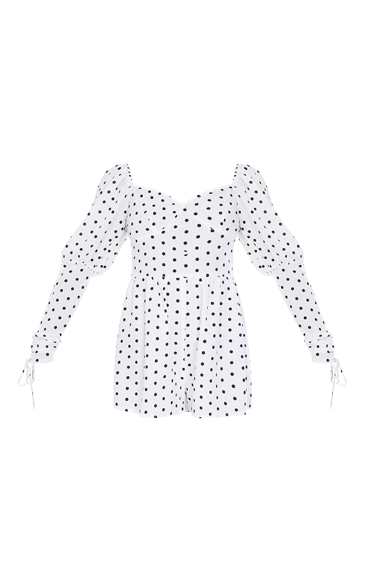 White Polka Dot Tie Sleeve Button Detail Romper image 5