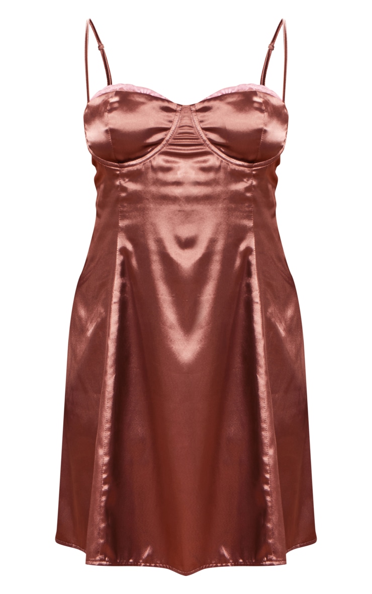 Plus Mocha Satin Contrast Lace Cup Detail Shift Dress image 1