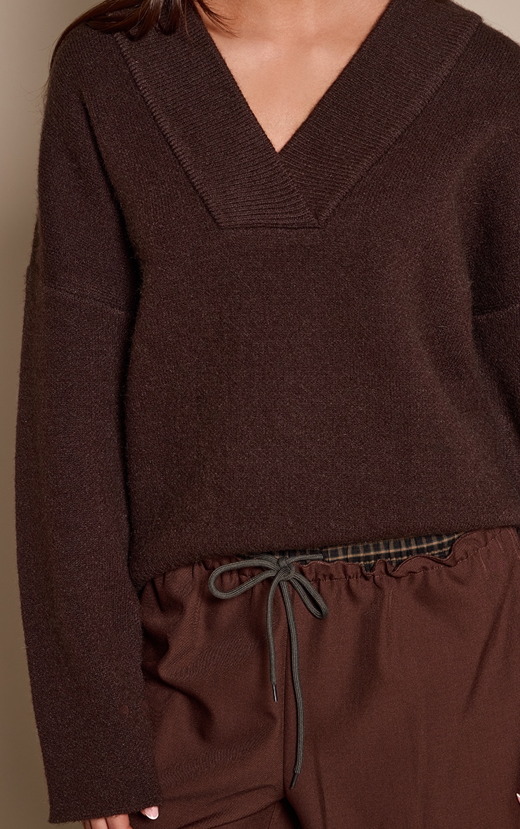 Chocolate Ribbed Collar V Neck Slouchy Sweater  image 4