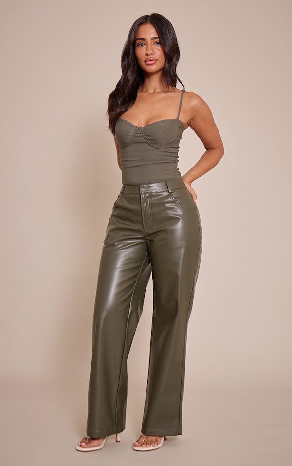 Petite Dark Olive Faux Leather Straight Leg Pants
