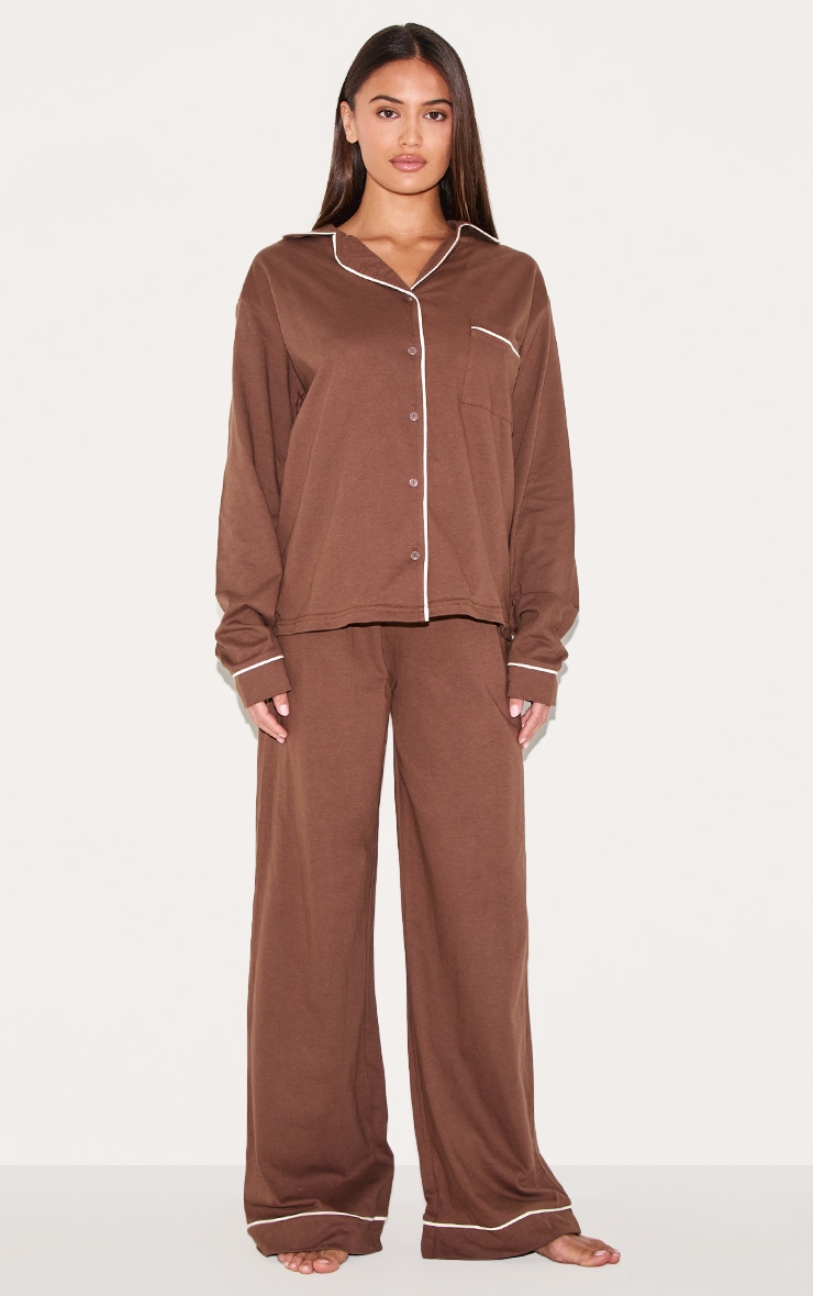 Chocolate Jersey Contrast Piping Detail Long Pj Set image 1
