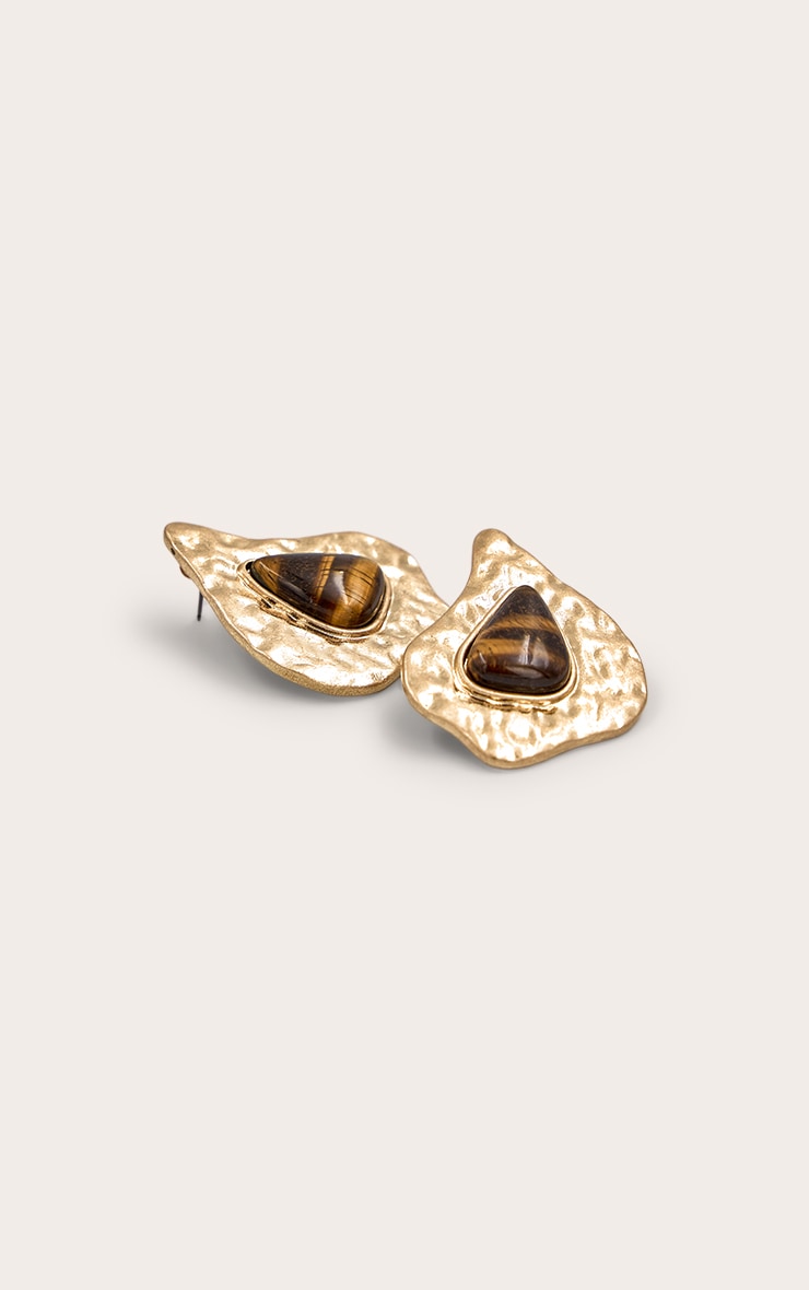 Brown Tigers Eye Resin Worn Gold Stud Earrings image 3