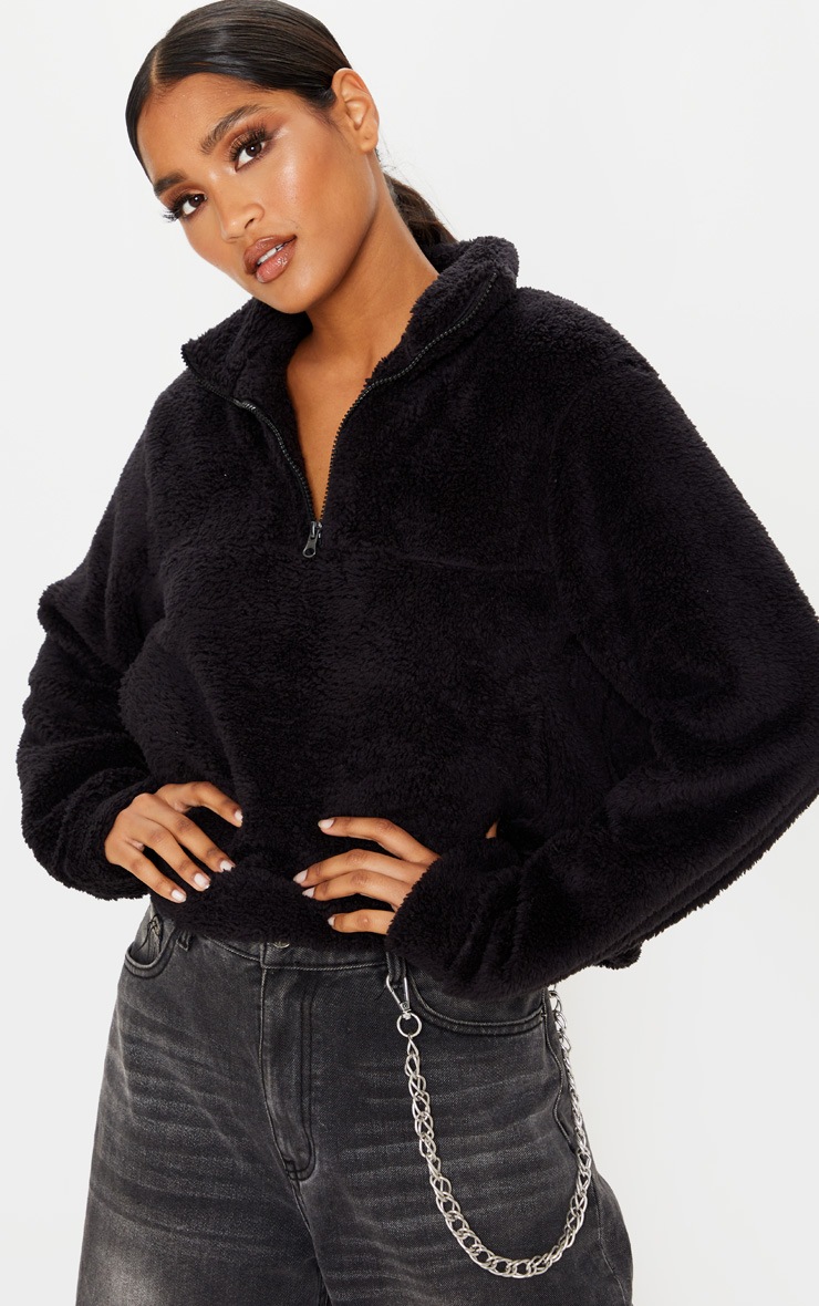 Sweat imitation mouton noir à poche & zip