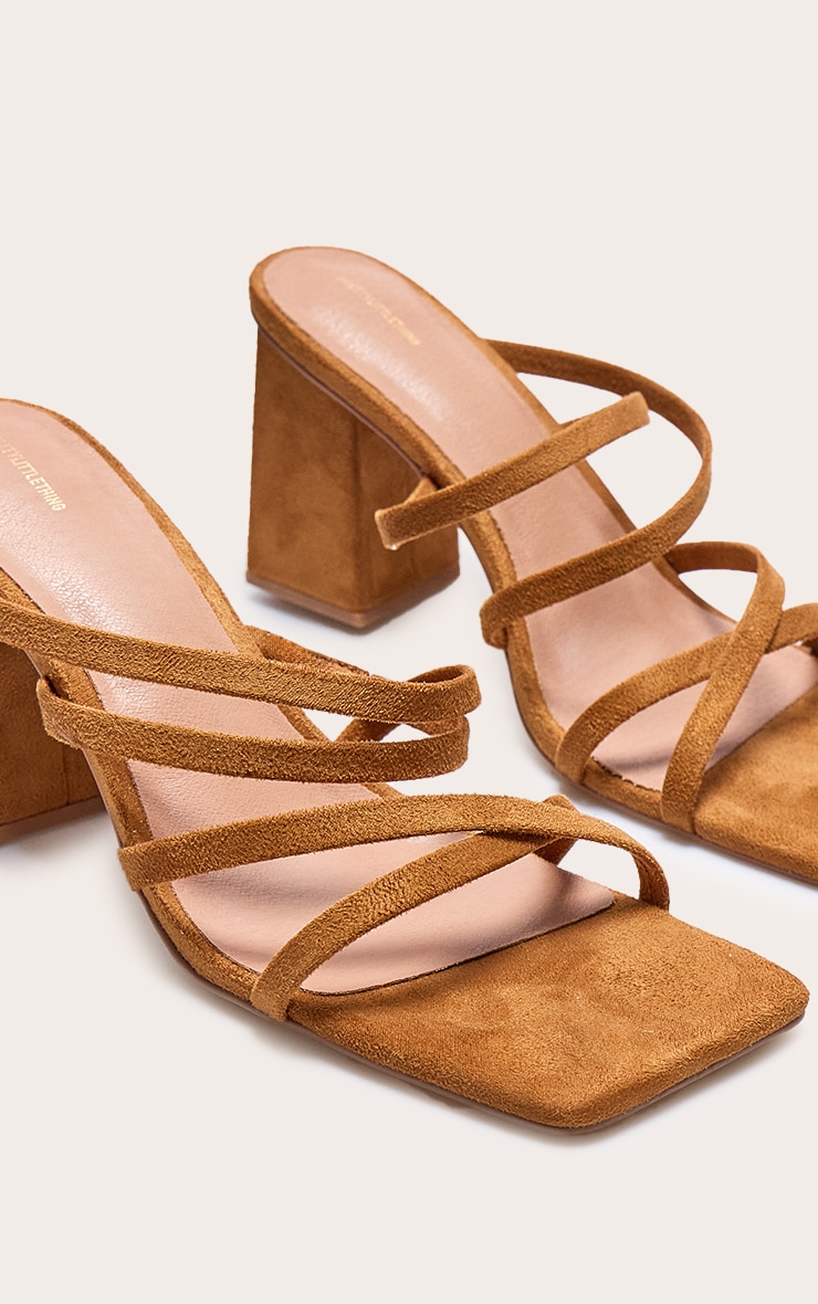 Tan Faux Suede Square Toe Strappy Block Heel Mules image 4