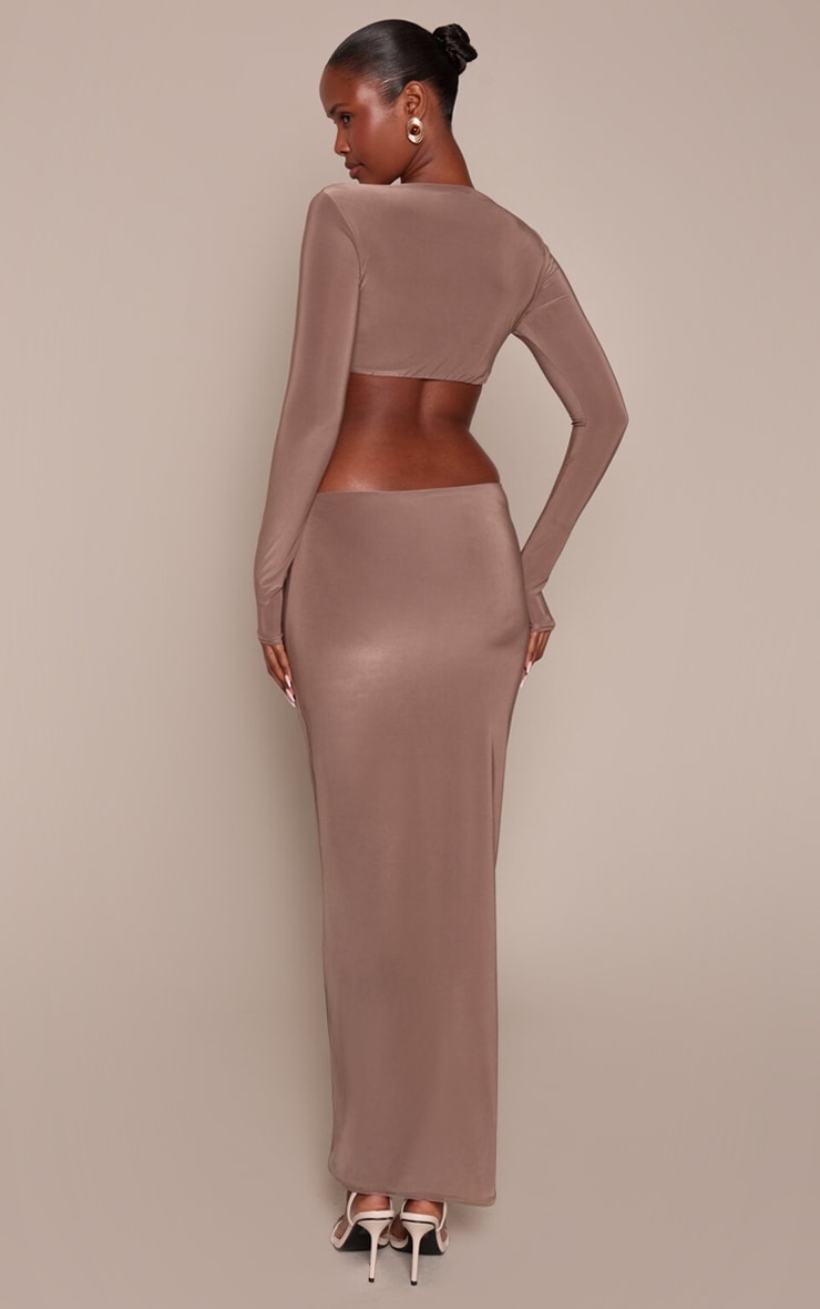 Taupe Double Layer Slinky Long Sleeve Trim Detail Maxi Dress image 2