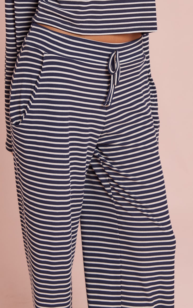 Navy Ribbed Striped Drawstring Wide Leg Pant image 4