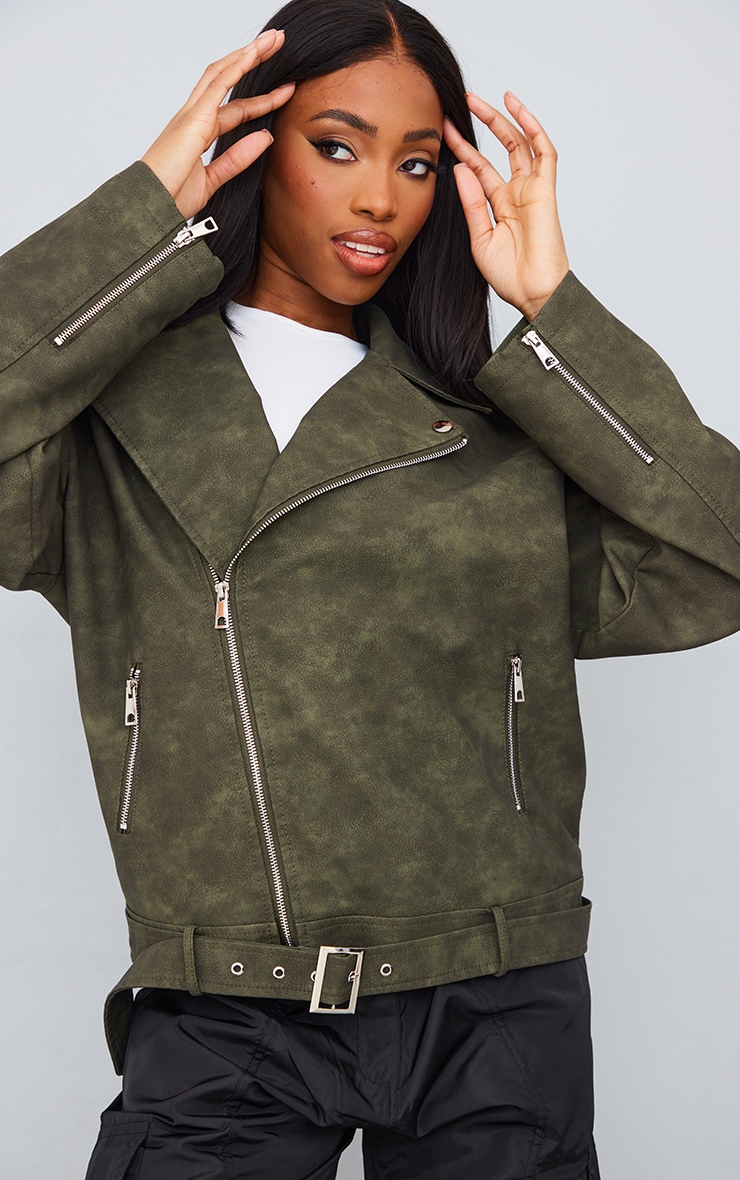 Tall Green Washed Look Biker Jacket Tall PrettyLittleThing CA